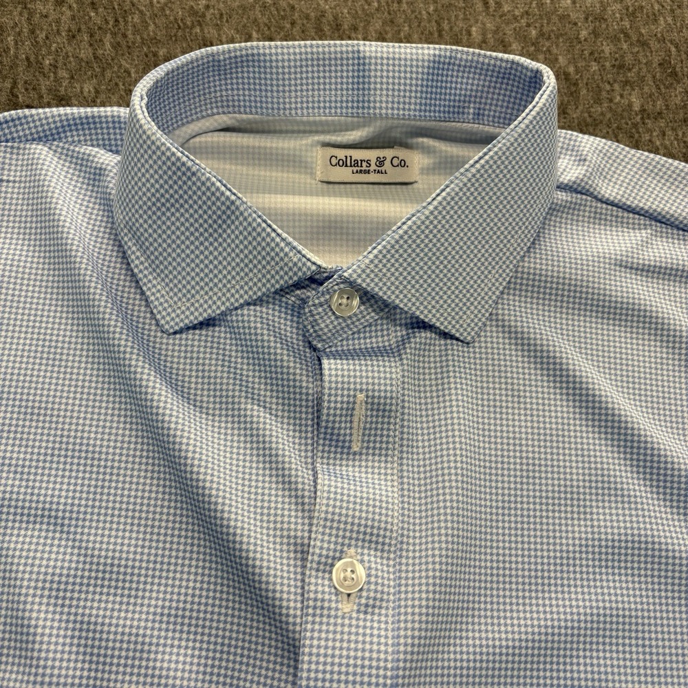 NEW Collars and Co. Dress Polo Shirt Large Tall  Relaxed Blue Houndstooth LT
